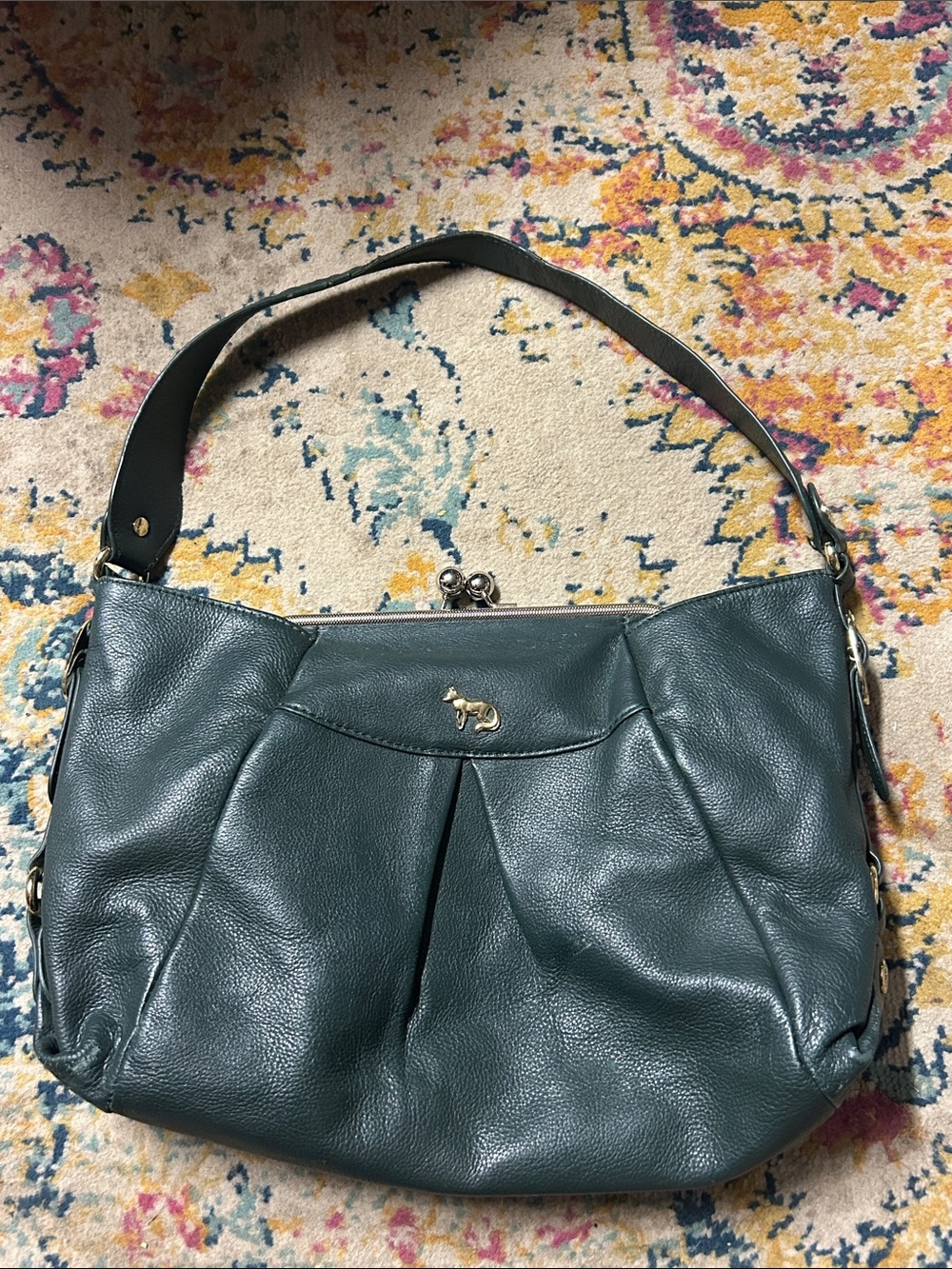 Emma Fox Leather Shoulder Bag in Dark Teal with Gold Accent kisslock